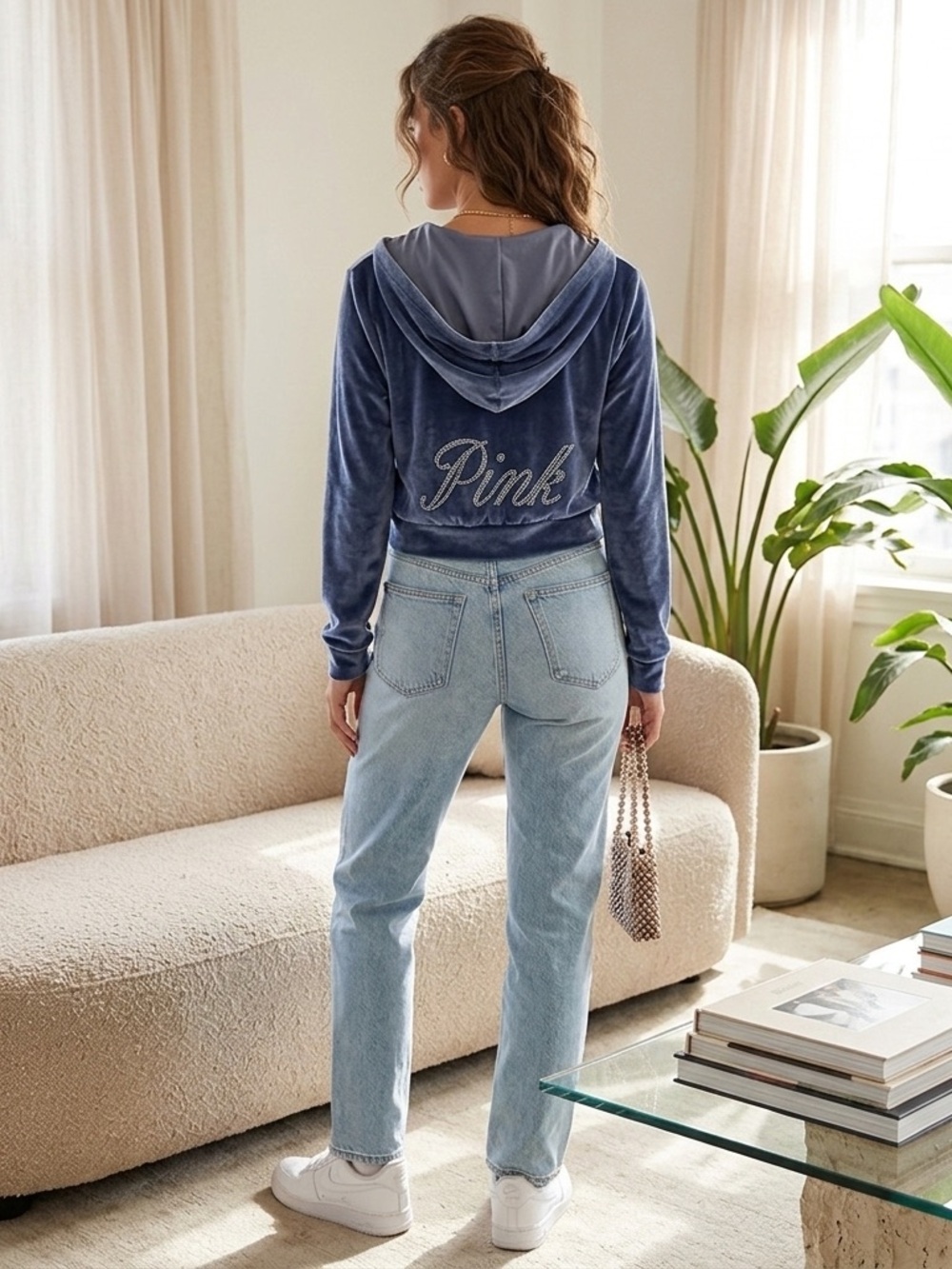 PINK Victoria's Secret Velour Cropped Hoodie Blue Velvet Y2K Rhinestone Small